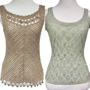 Lot 2 Boho Crochet Knit Macrame Tank Tops XXS Sage Brown Beaded Sleeveless WHBM